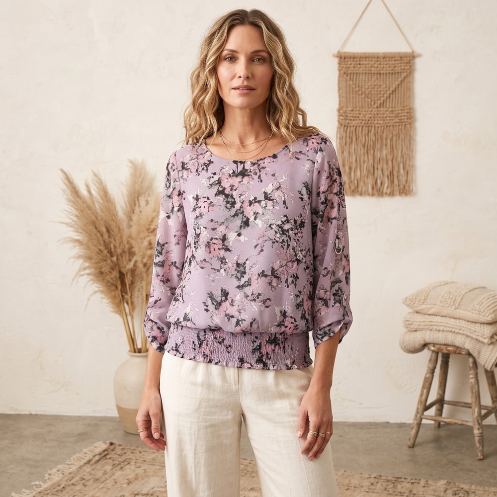 Fever Moody Floral‎ Boho Top Chiffon Roll Tab Sleeves Whimsigoth Blouson Indie M